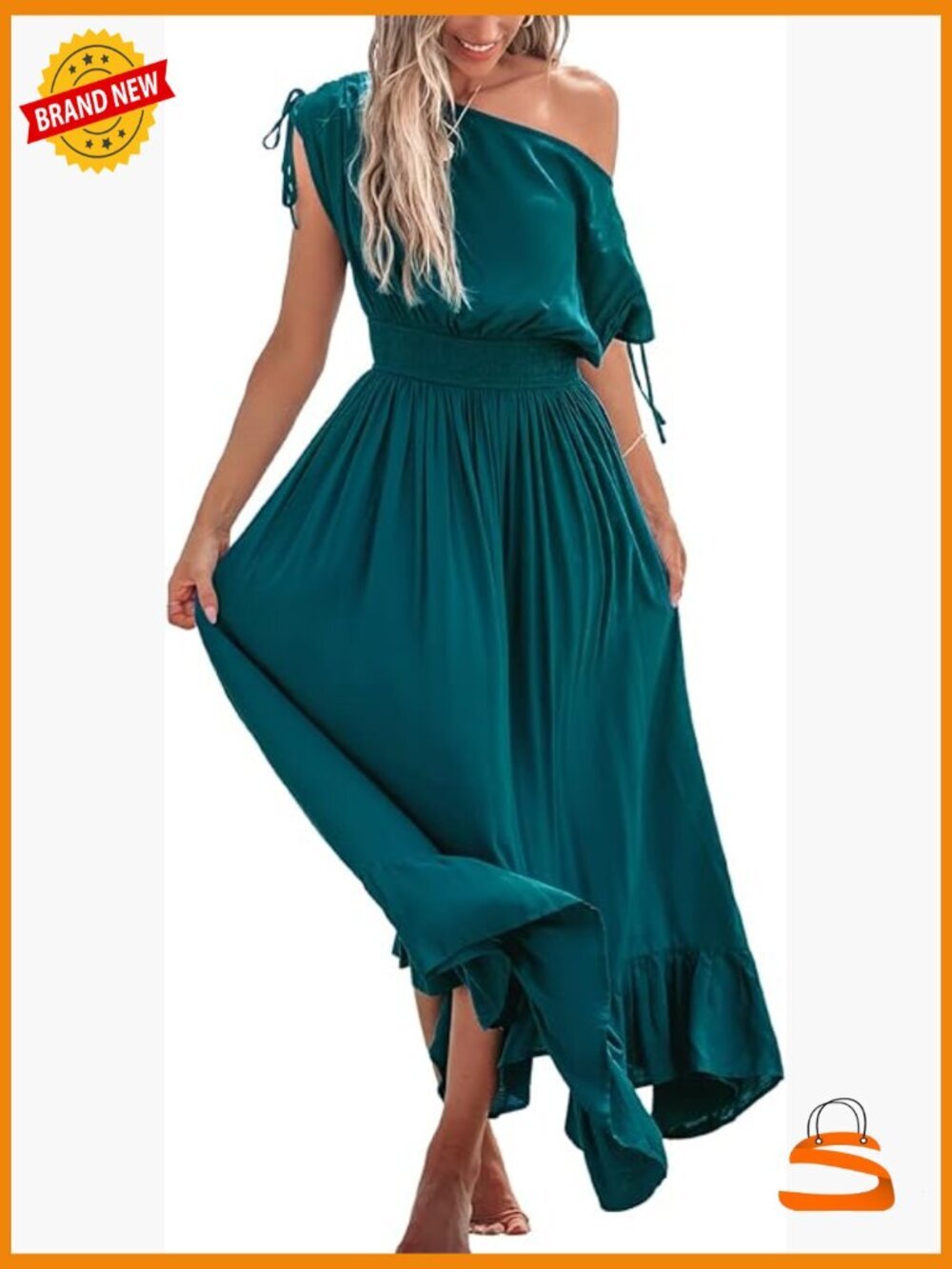 Women's Sleeveless Maxi Dress Smocked Waist One Shoulder Ruffled Long Beach